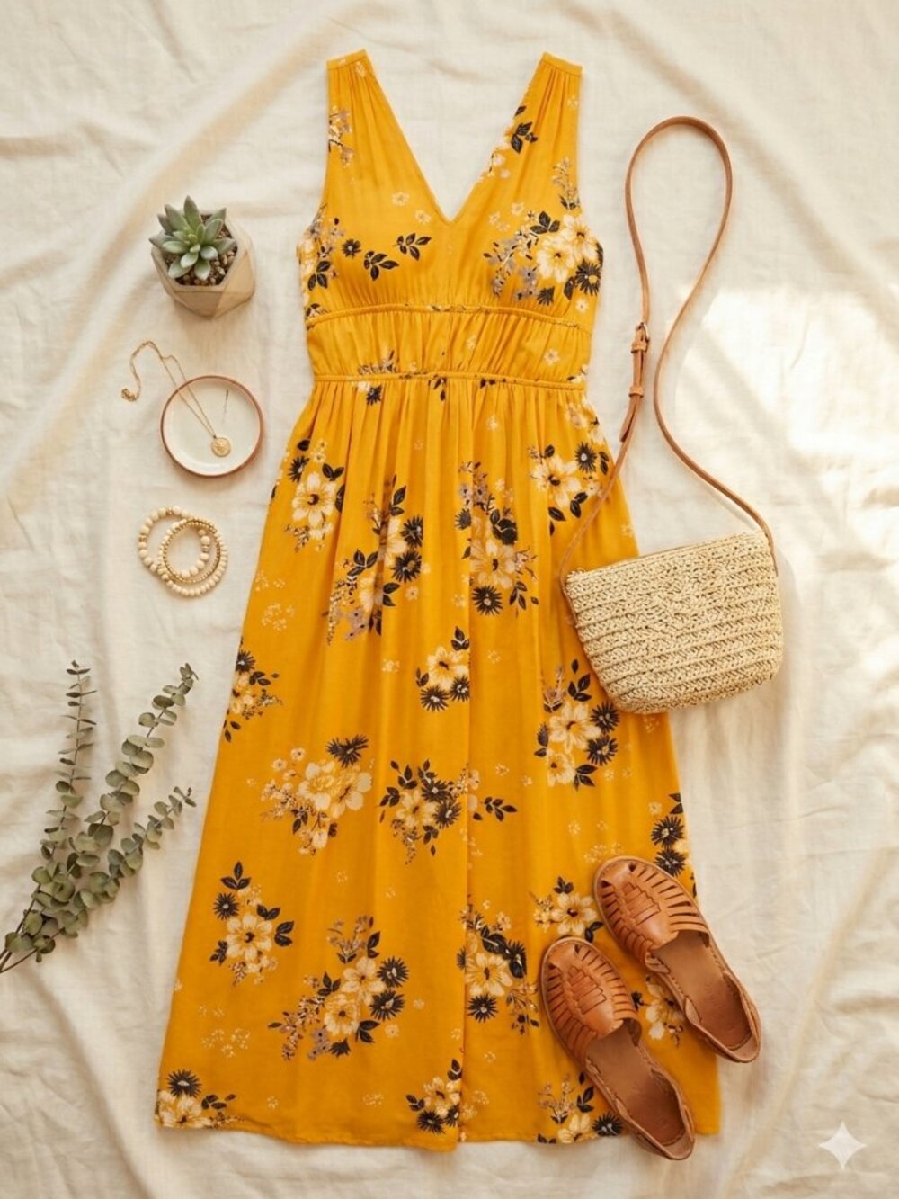 Japna | Yellow Boho Floral Racerback Maxi Dress with Smocked Waist | Size Small